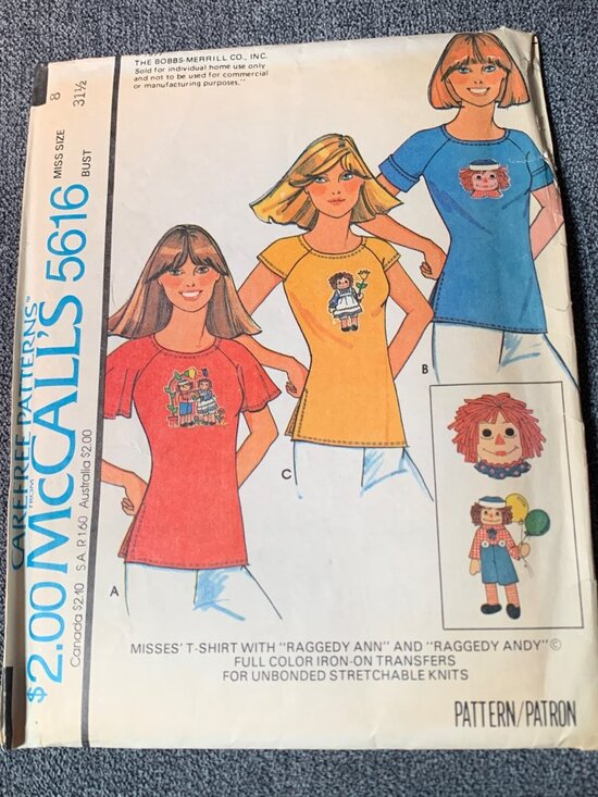 McCall's Other - McCall's Misses Shirt Raggedy Ann & Andy Transfers Sewing Pattern Size 8 5616 Un